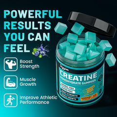 Close-up of blueberry-flavored creatine gummies showing 4 gummies per serving
