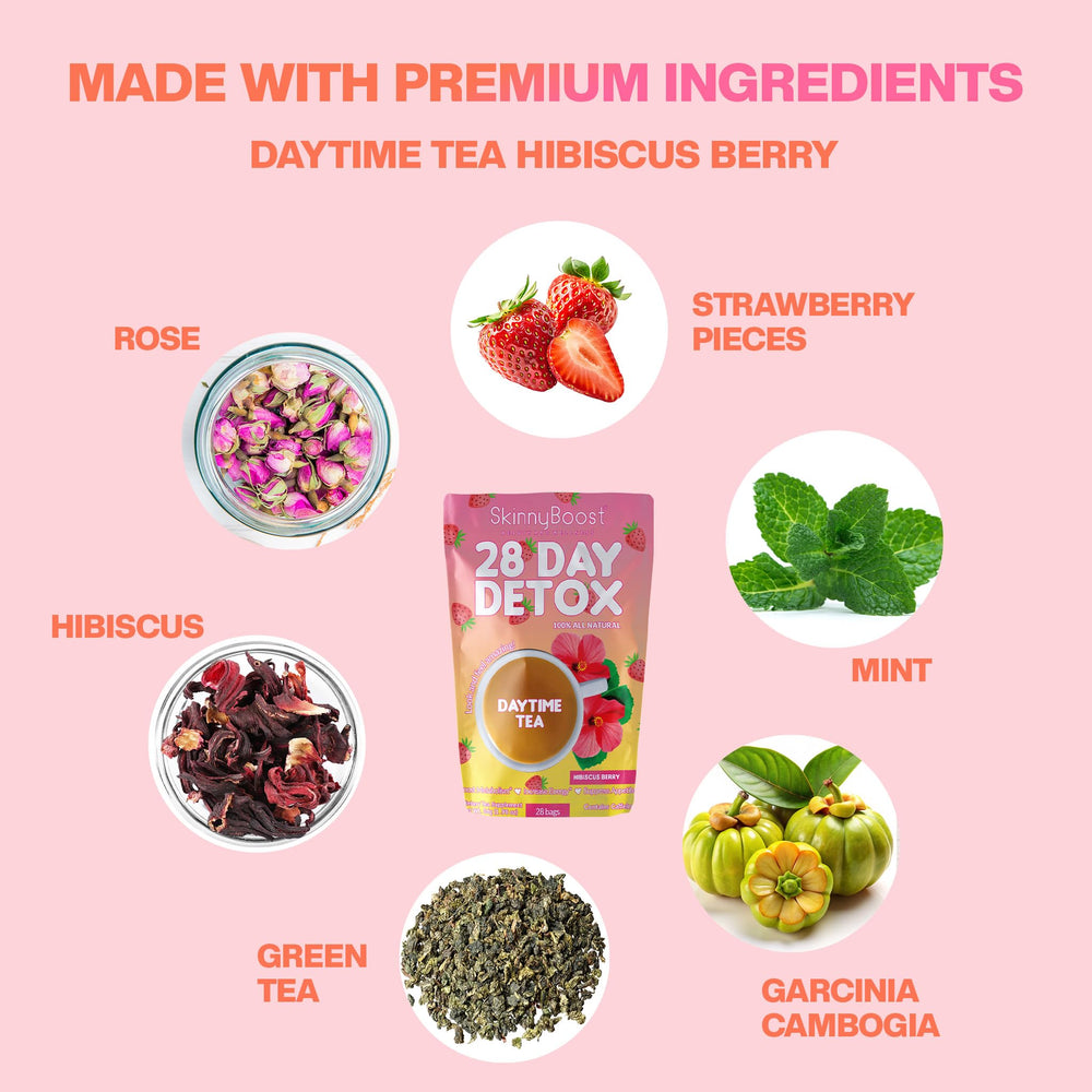 SkinnyBoost 28-day detox packaging shown for an easy daily routine.
