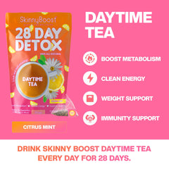 SkinnyBoost-28-day-detox-packaging highlights an all-natural, keto-friendly detox plan.
