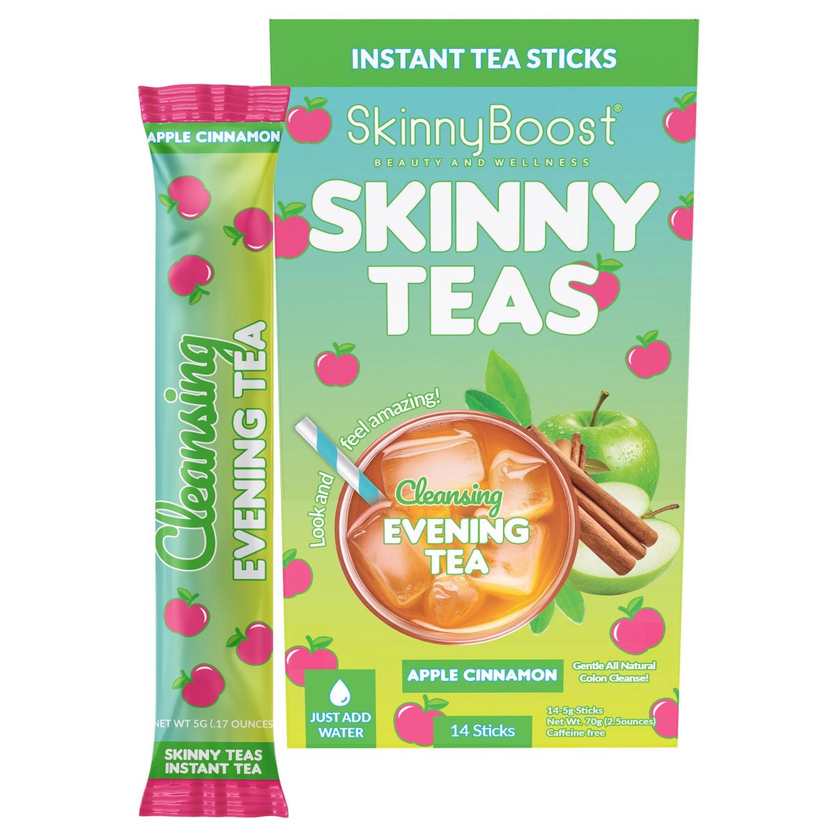 SkinnyBoost Skinny Teas Instant Tea Sticks packaging highlights a natural detox blend.