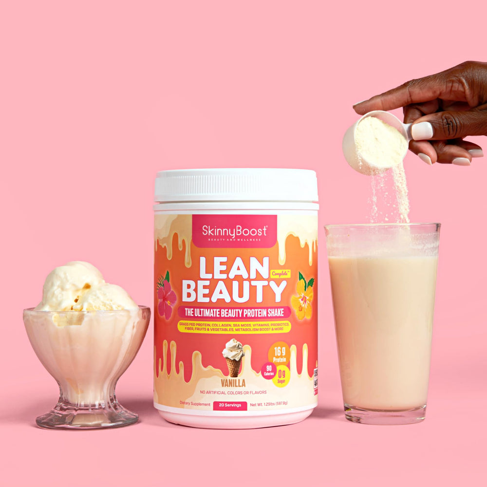 SkinnyBoost vanilla shake serving ready for on-the-go meal replacement.