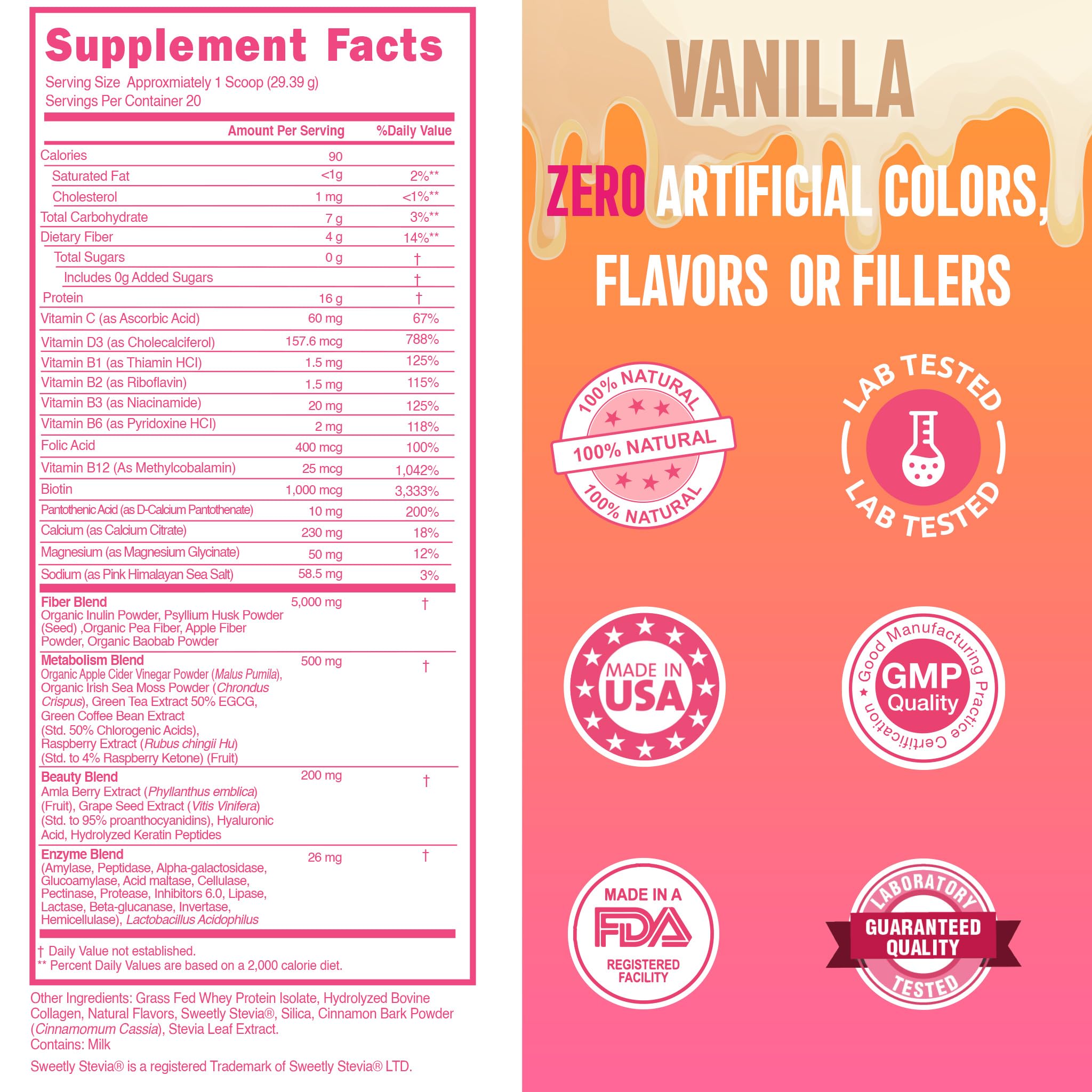 SkinnyBoost grass-fed whey and collagen ingredients graphic highlights proteins for meals.