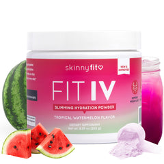 SkinnyFit Fit IV jar front label shows tropical watermelon flavor for daily hydration