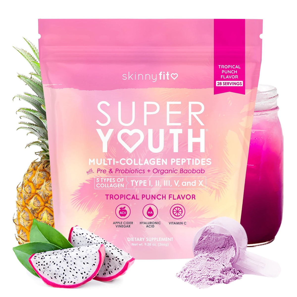 Front view of SkinnyFit Super Youth Collagen Tropical Punch container