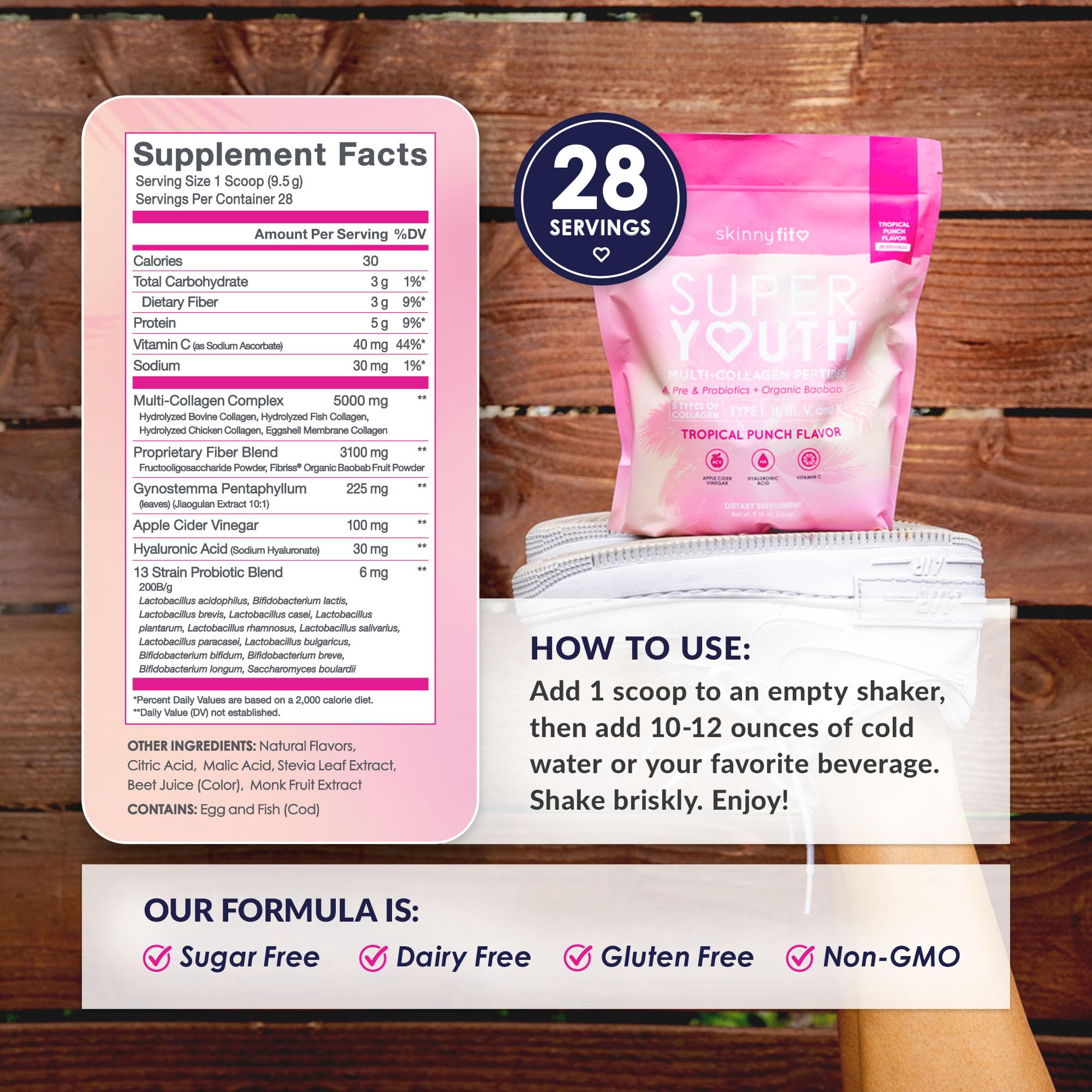 Shaker with Tropical Punch collagen powder being mixed