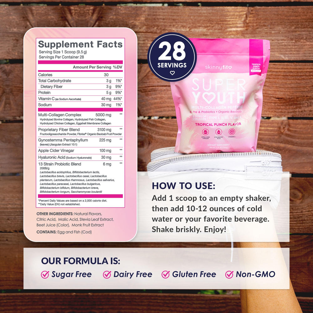 Shaker with Tropical Punch collagen powder being mixed