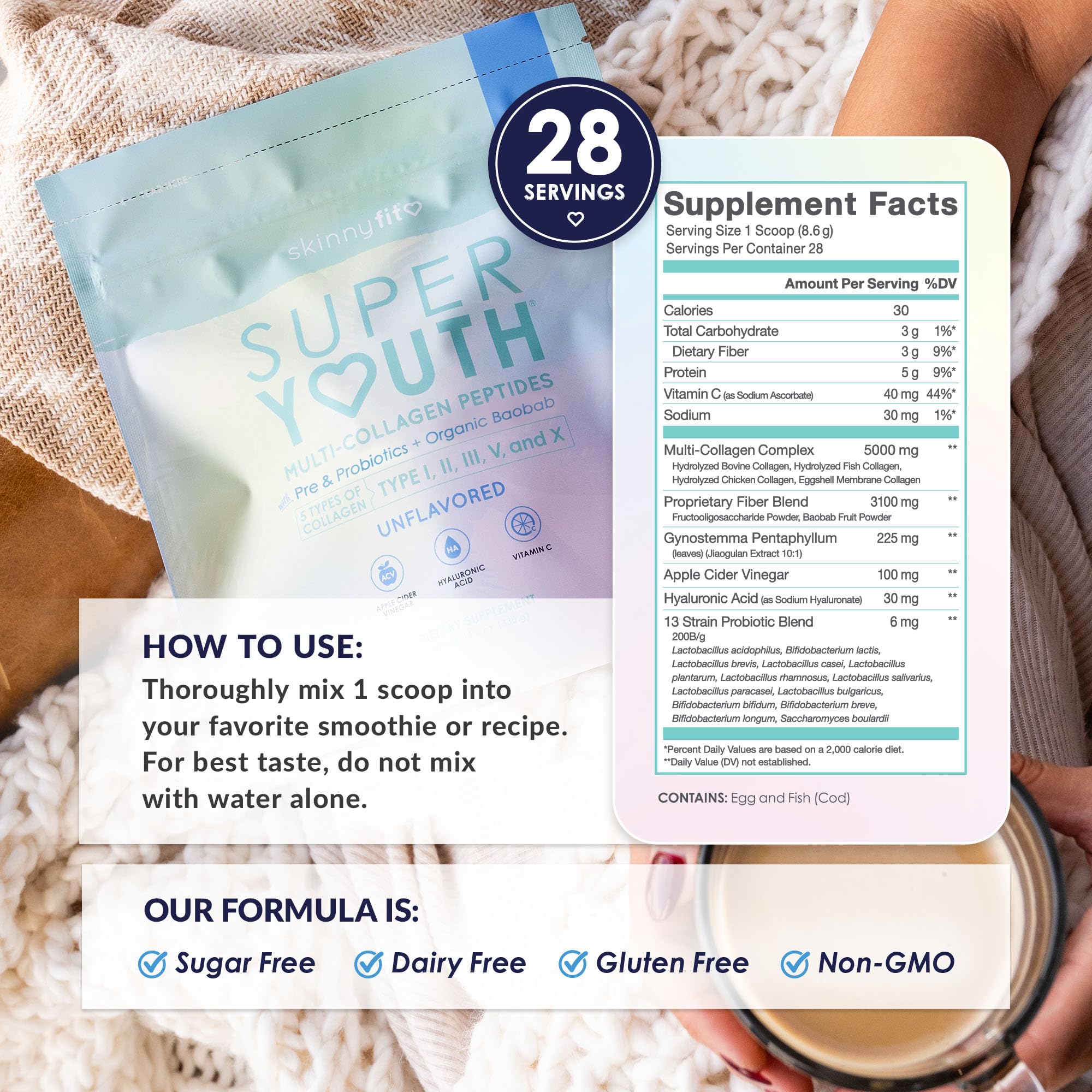 Non-GMO, gluten-free, and sugar-free labels on product packaging