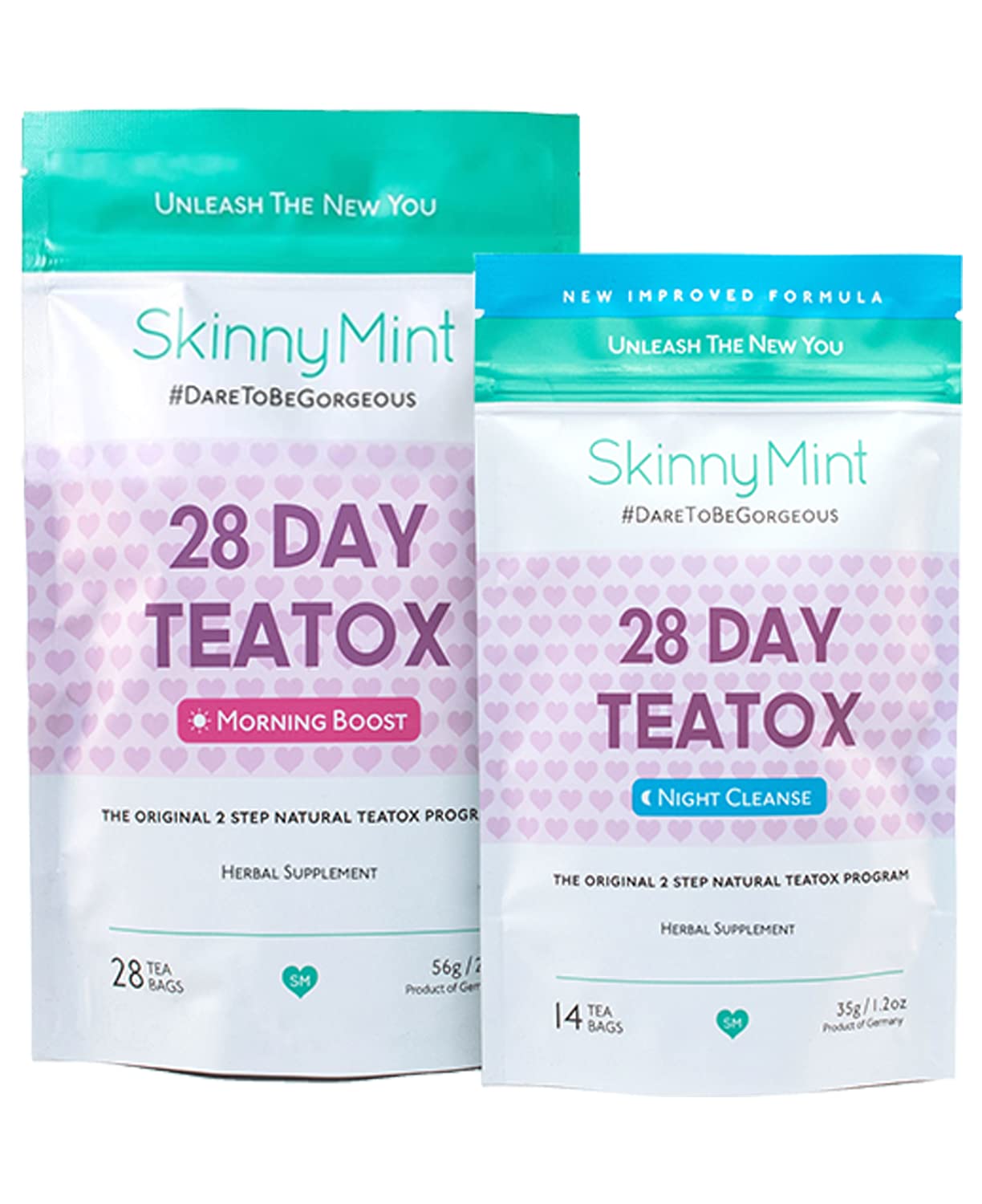 SkinnyMint Original 28 Day Tea Kit on counter for gentle detox support.