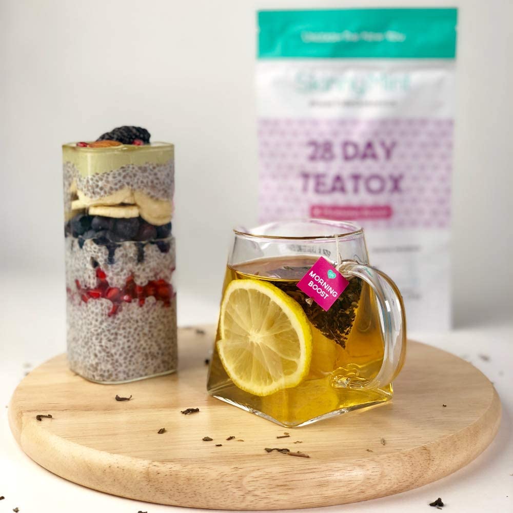 SkinnyMint vegan, non-GMO detox tea label for clean hydration.