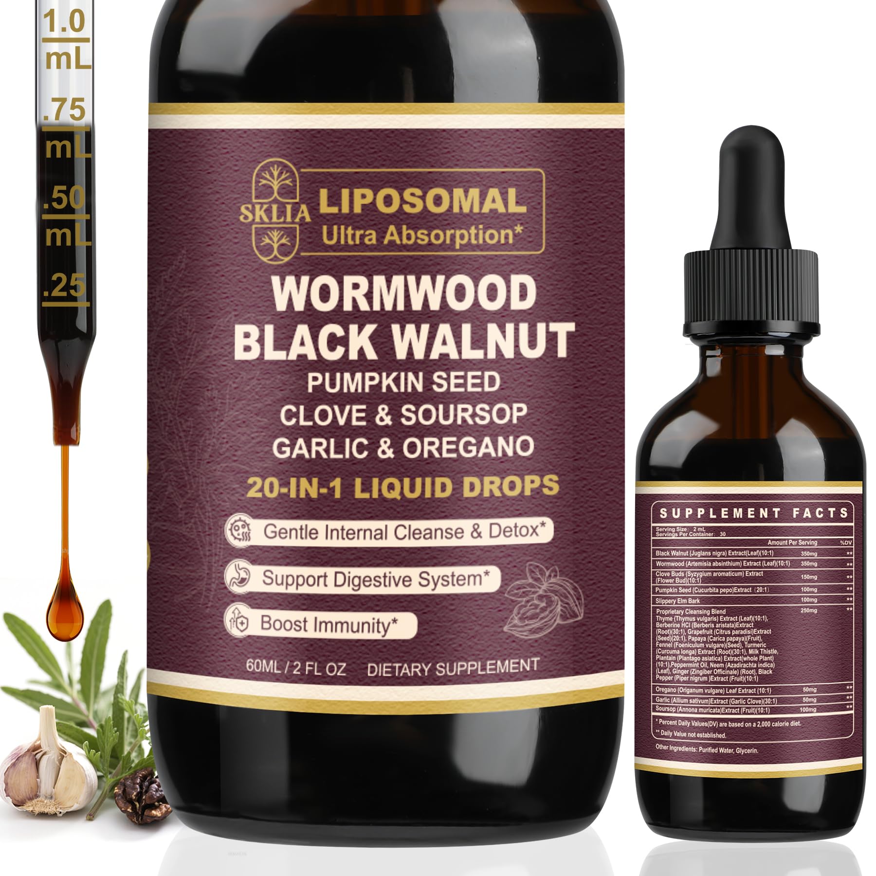 Product bottle of SKLIA 20-in-1 Liposomal Wormwood Cleanse Drops