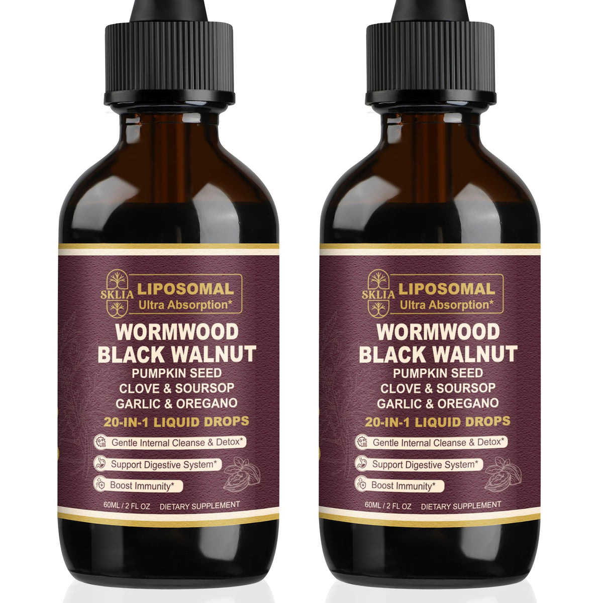 Sklia 20-in-1 Liposomal Wormwood Black Walnut Drops bottle label