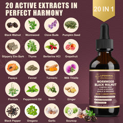 Close-up of 20 botanicals including Wormwood and Black Walnut