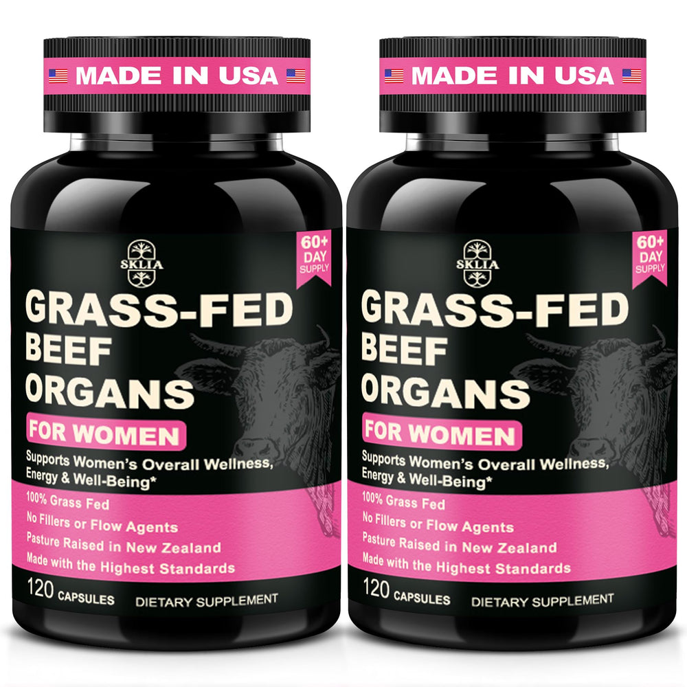 Front view of SKLIA Beef Organ Supplement for Women bottle