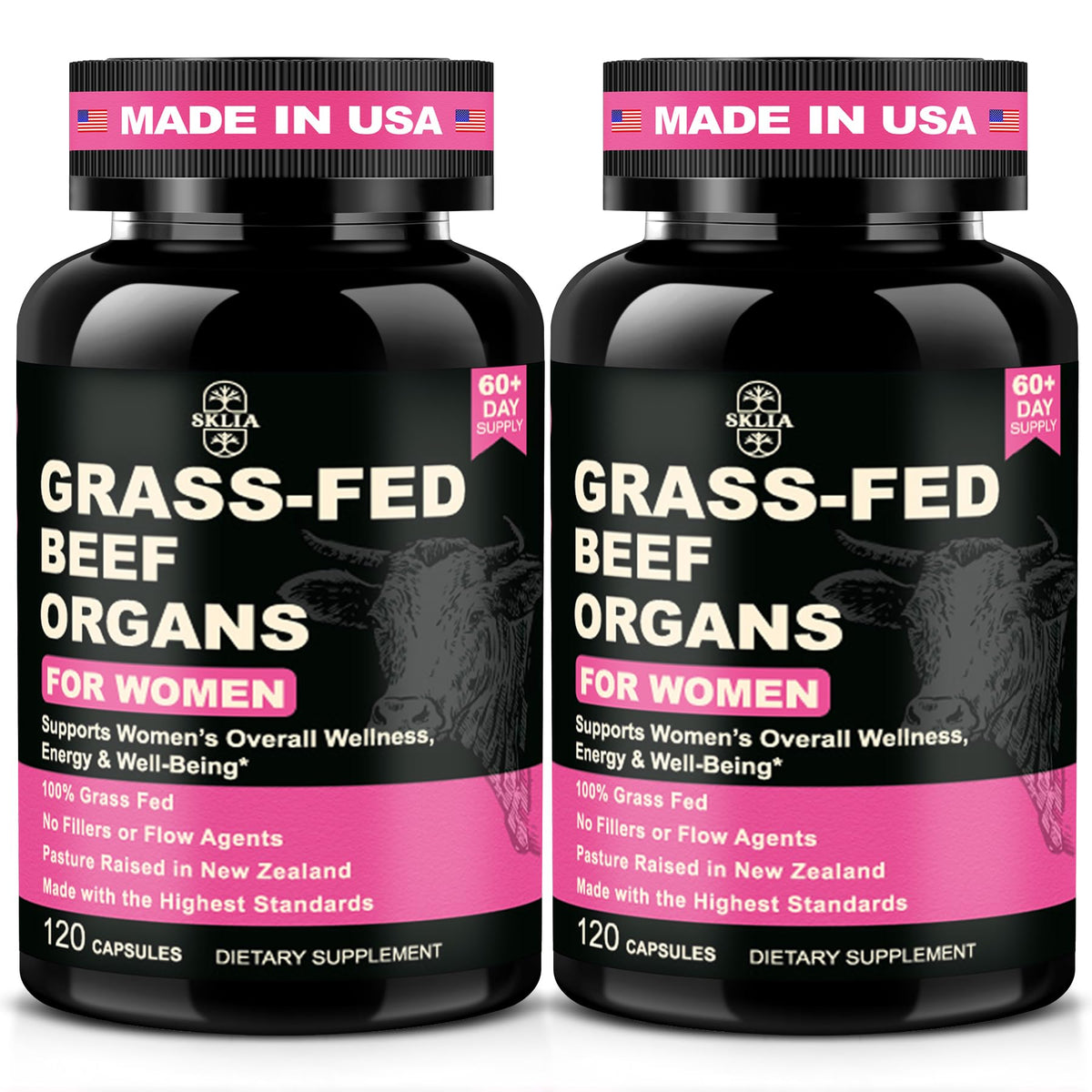 Front view of SKLIA Beef Organ Supplement for Women bottle