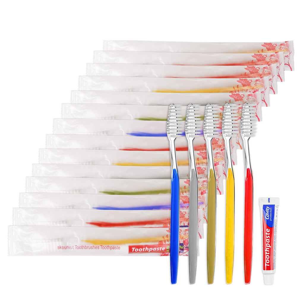 Bulk pack of 30 skourvut disposable toothbrushes with toothpaste in five colors