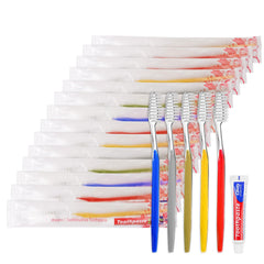Bulk pack of 30 skourvut disposable toothbrushes with toothpaste in five colors