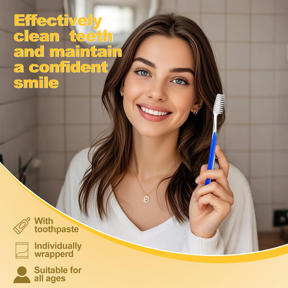 Individually wrapped toothbrush with 10g toothpaste.