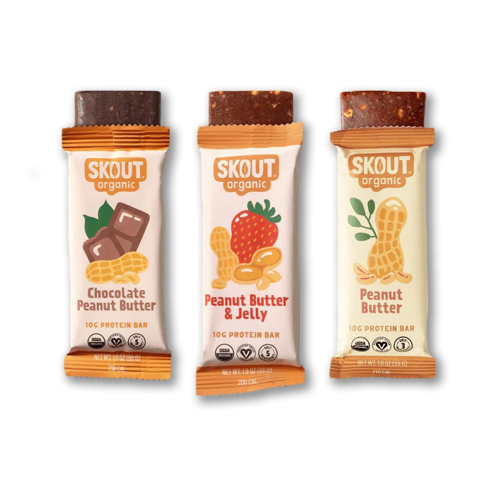 Skout Organic Protein Bars Variety Pack outer packaging emphasizes organic vegan and gluten-free benefits
