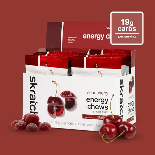 Close-up of Skratch Labs Energy Chews Sour Cherry gummies