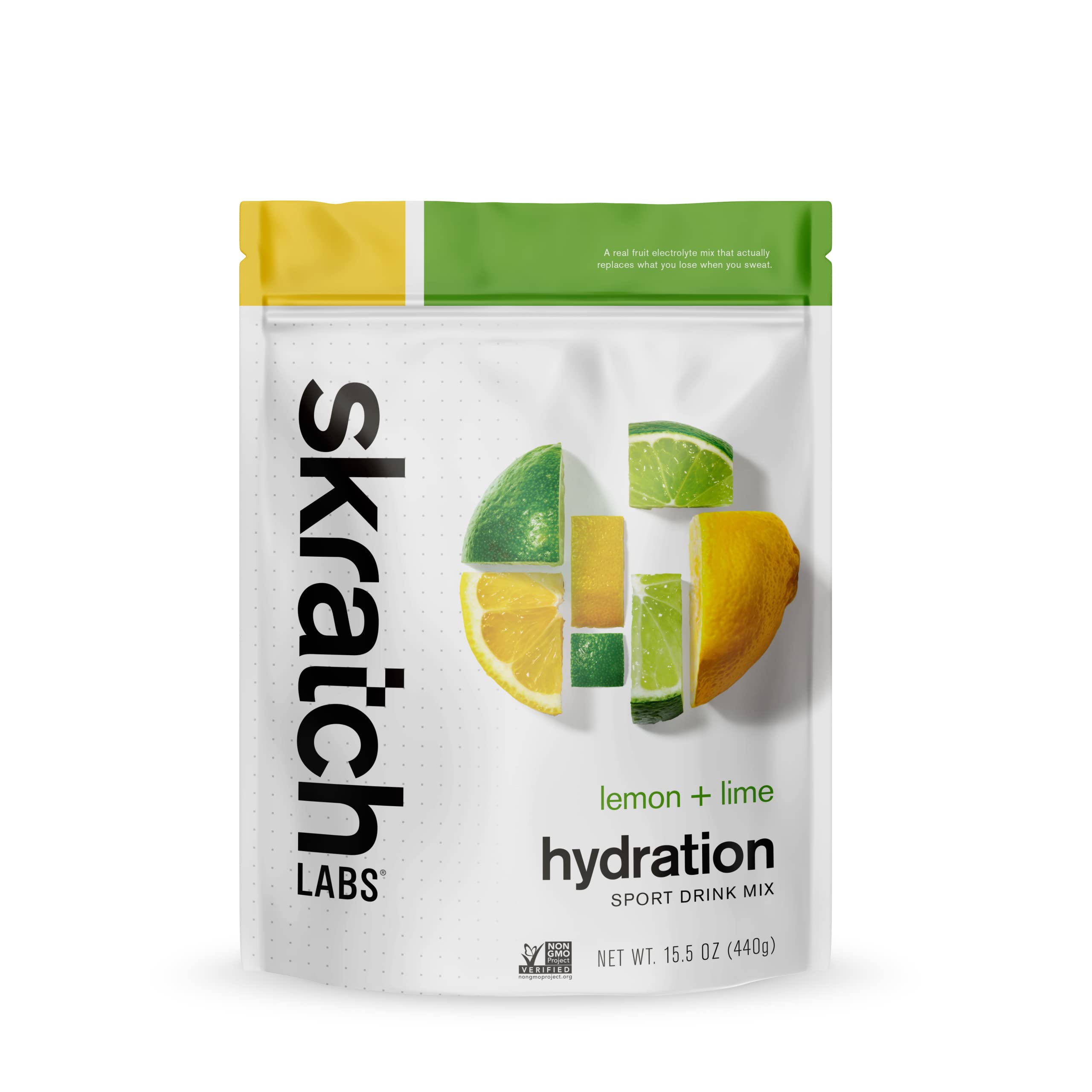 Skratch Labs Exercise Hydration Mix lemons-limes bag front shows real fruit flavor for clean hydration