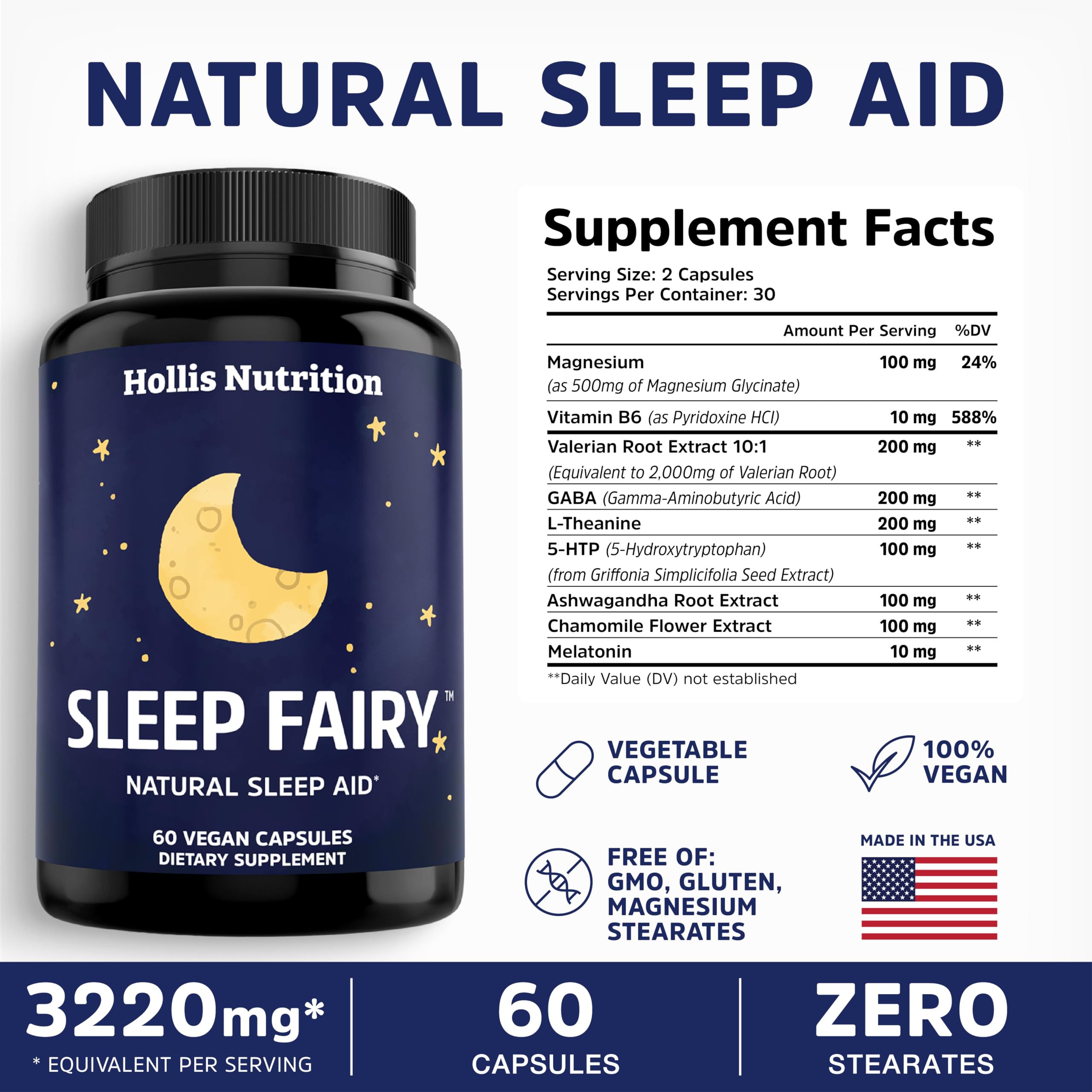 Sleep Fairy product features plant-based ingredients: L-Theanine, GABA, 5-HTP, Ashwagandha