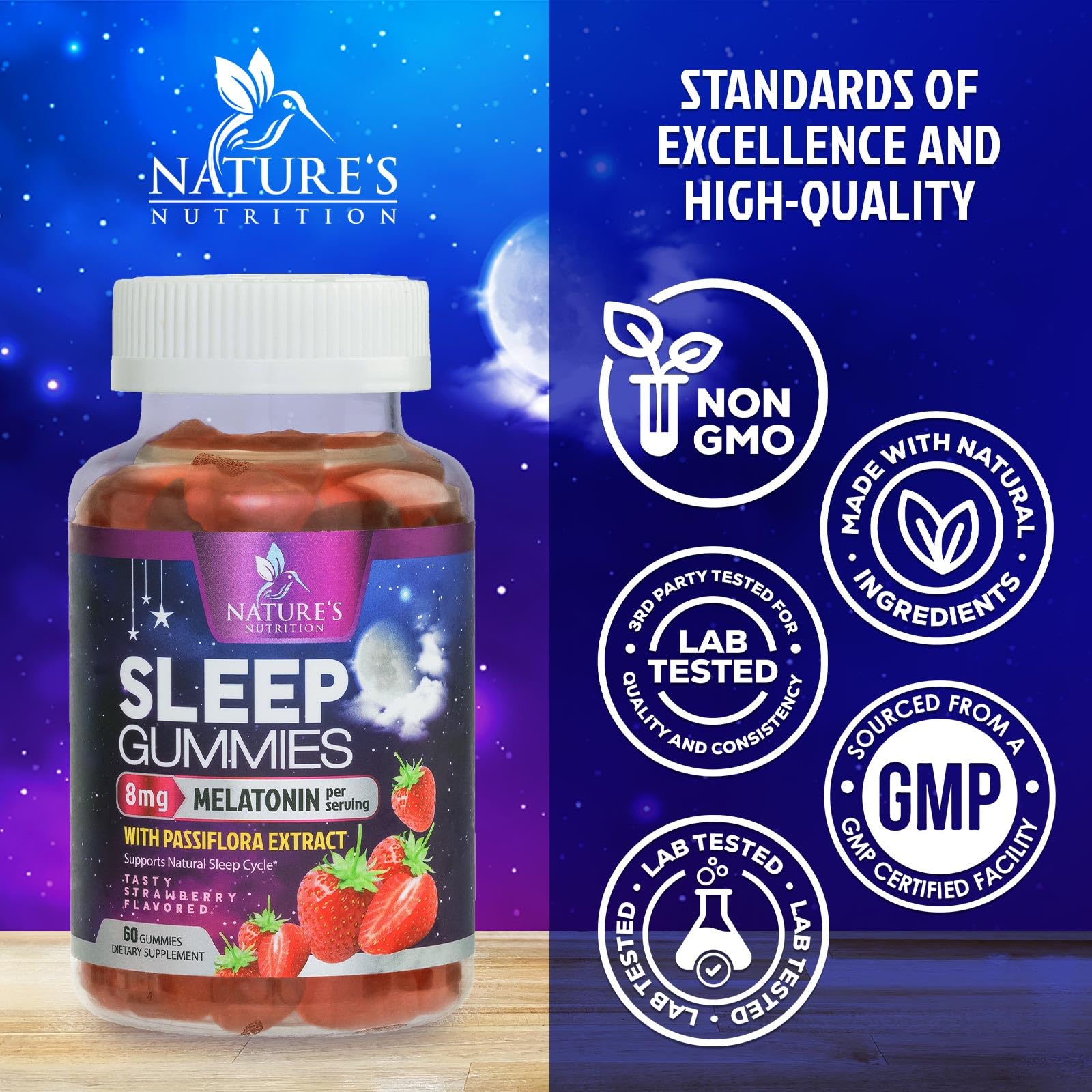 Vegan, Non-GMO labeling on sleep gummies packaging