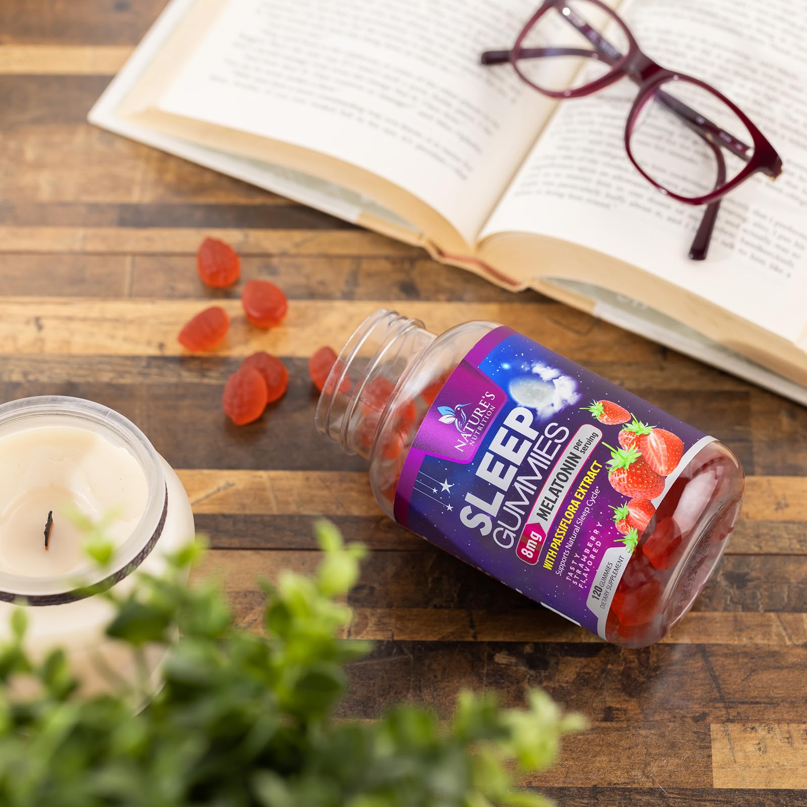 Close-up of bottle with label for sleep gummies