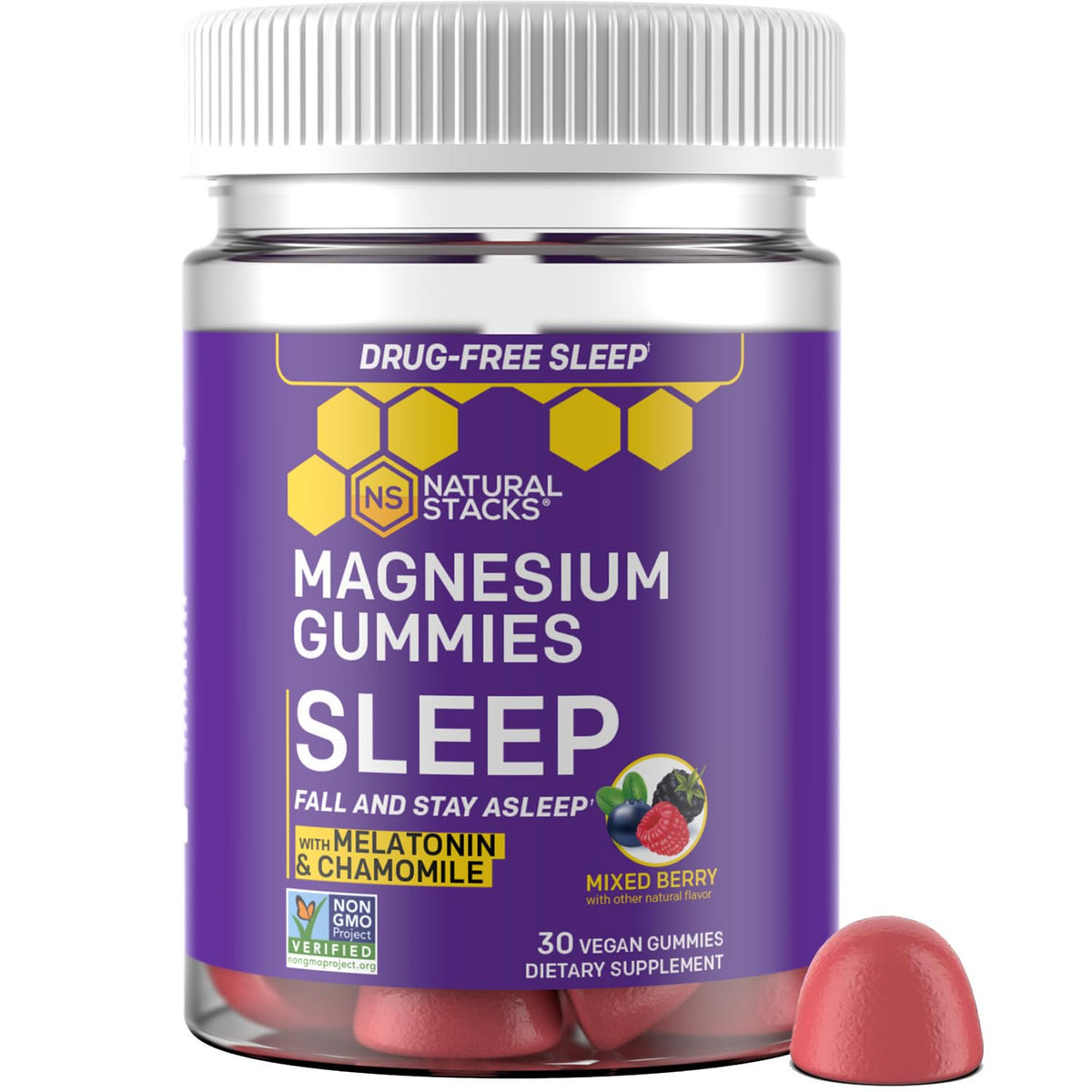 Bottle of Sleep Magnesium Gummies with Melatonin in mixed berry flavor