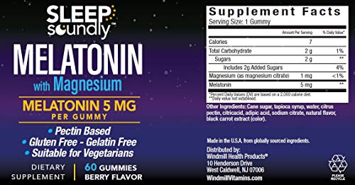 Berry-flavored Sleep Soundly gummies with label showing 5 mg melatonin