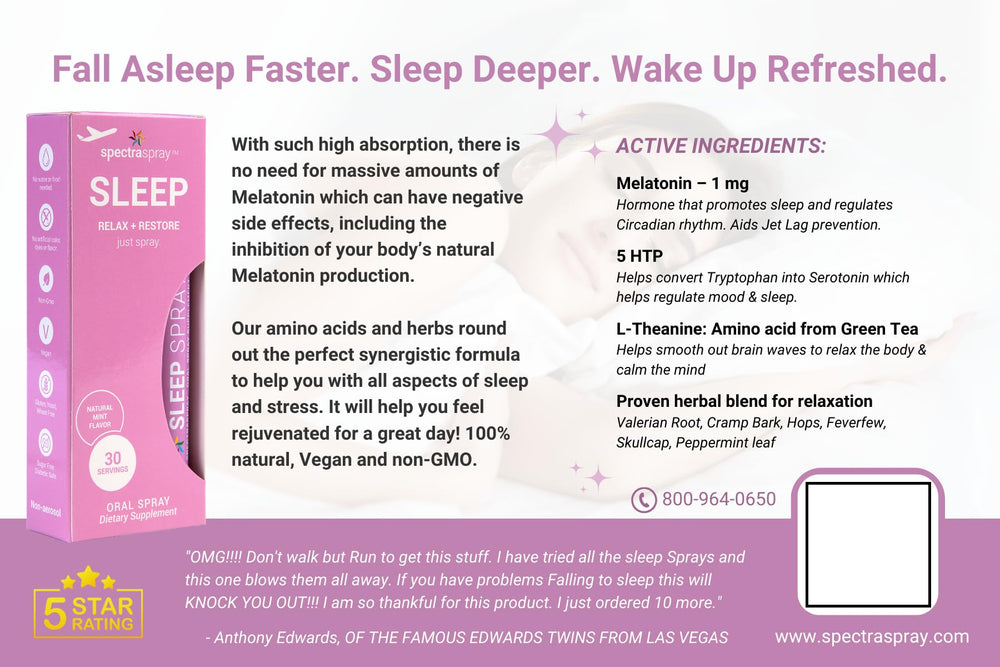 Packaged Sleep Support Spray showing TSA-safe travel suitability