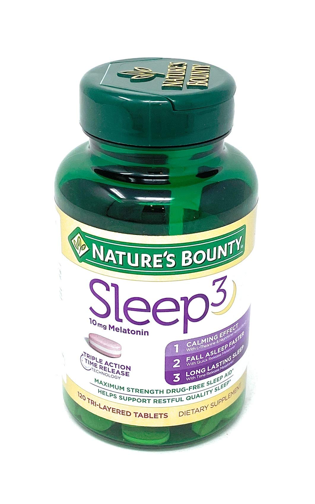 Bottle of Nature's Bounty Sleep3 10 mg Melatonin 120 tablets