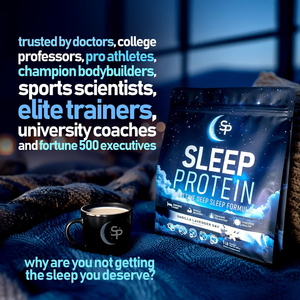 SleepProtein Magnesium Glycinate bottle highlights calm, deeper rest benefits.