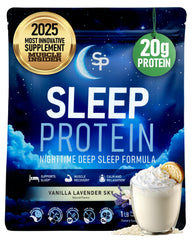 SleepProtein Nighttime Casein Bottle Vanilla-Lavender-Sky shows 20g slow-release protein for overnight recovery.