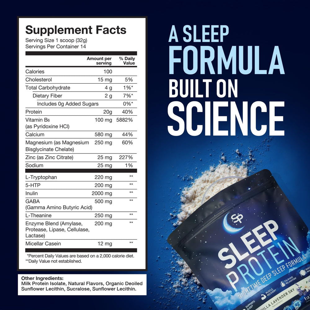 SleepProtein Nighttime Casein Scoop Visual highlights powder texture for peaceable sleep support.