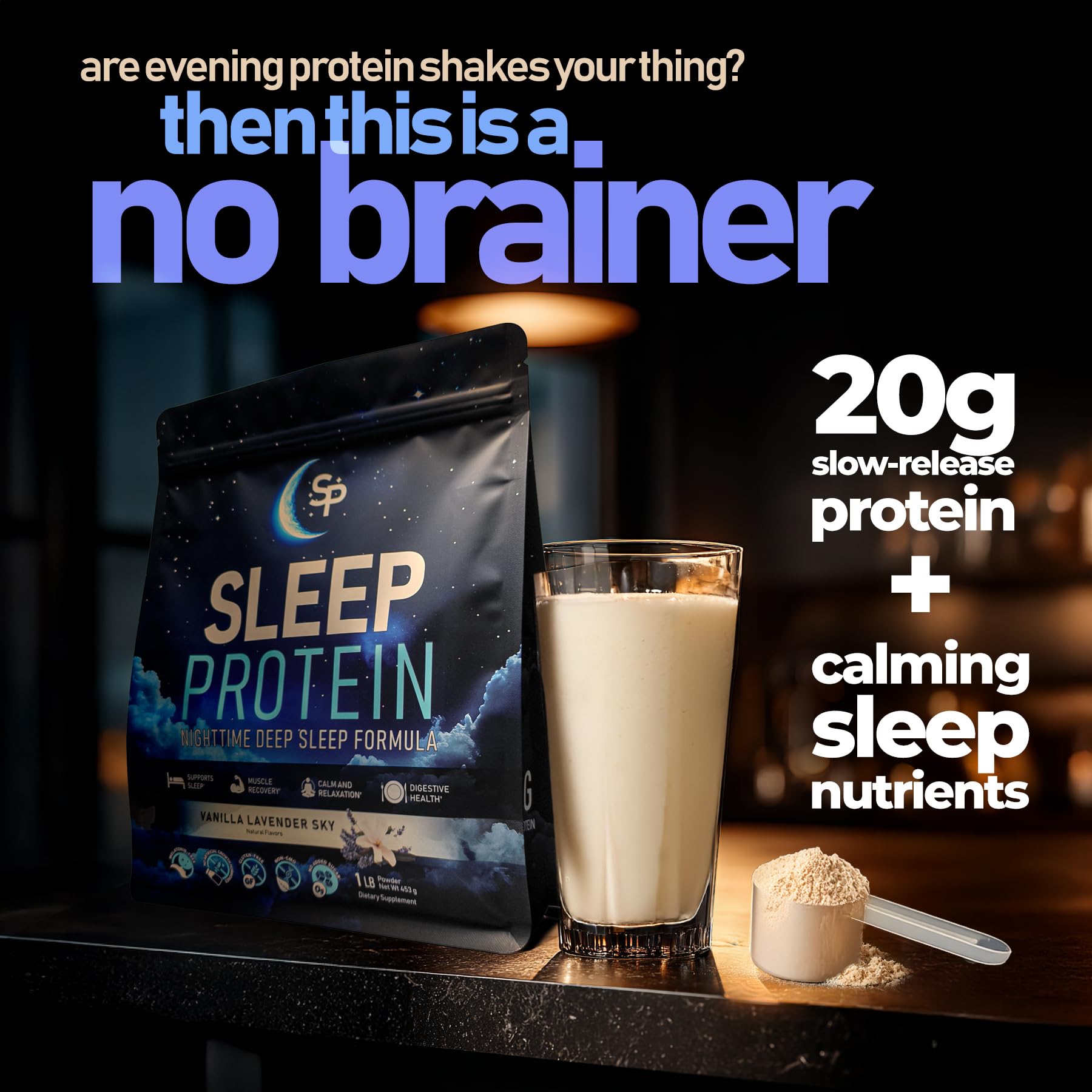 SleepProtein Nighttime Casein Scoop Visual highlights powder texture for peaceable sleep support.