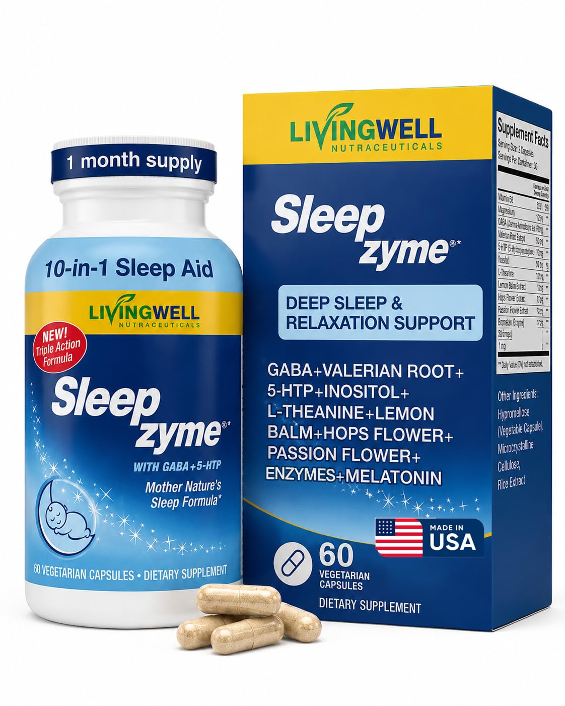 Sleepzyme front bottle showing label and 60 capsule count benefits