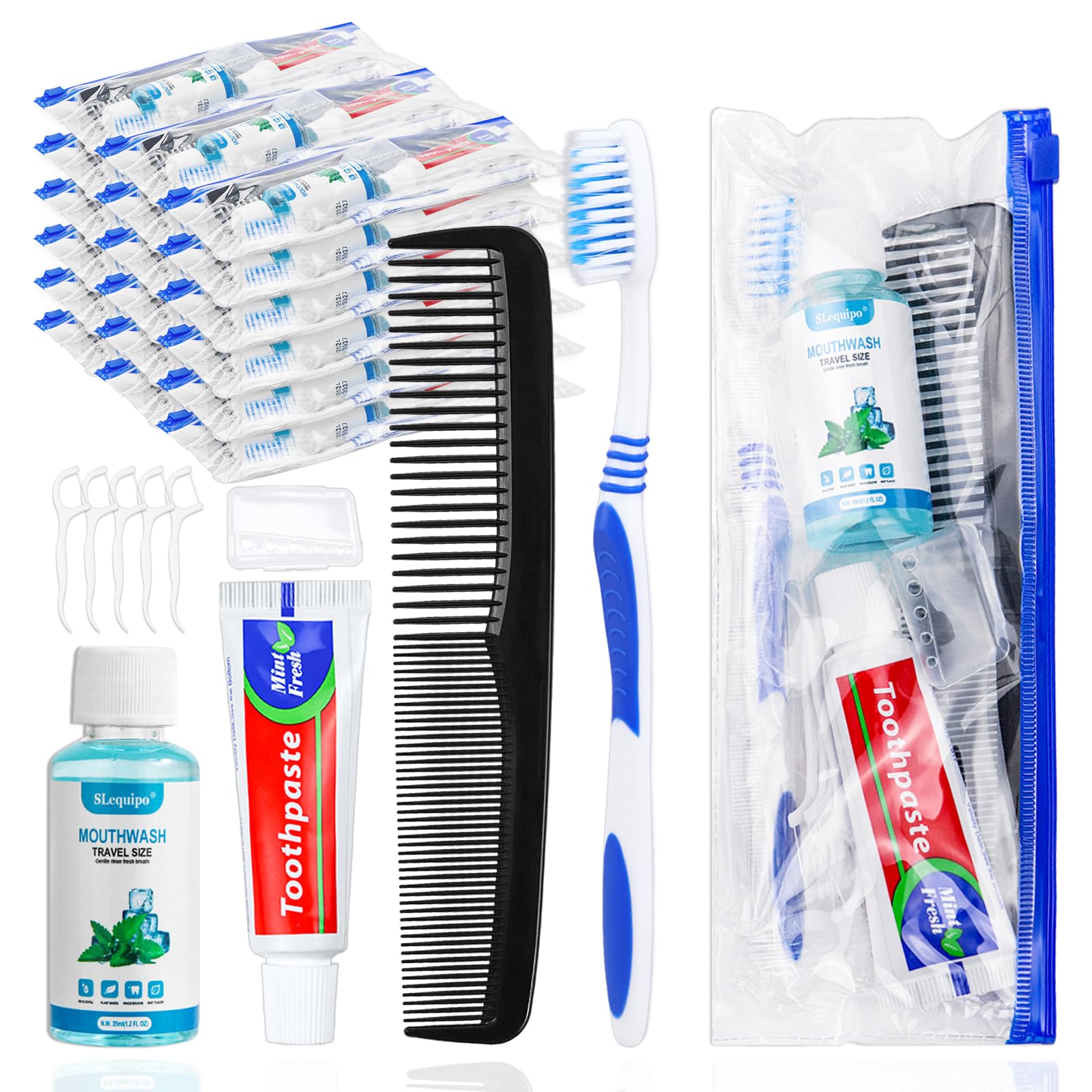 SLequipo 10-set travel toothbrush kit components laid out