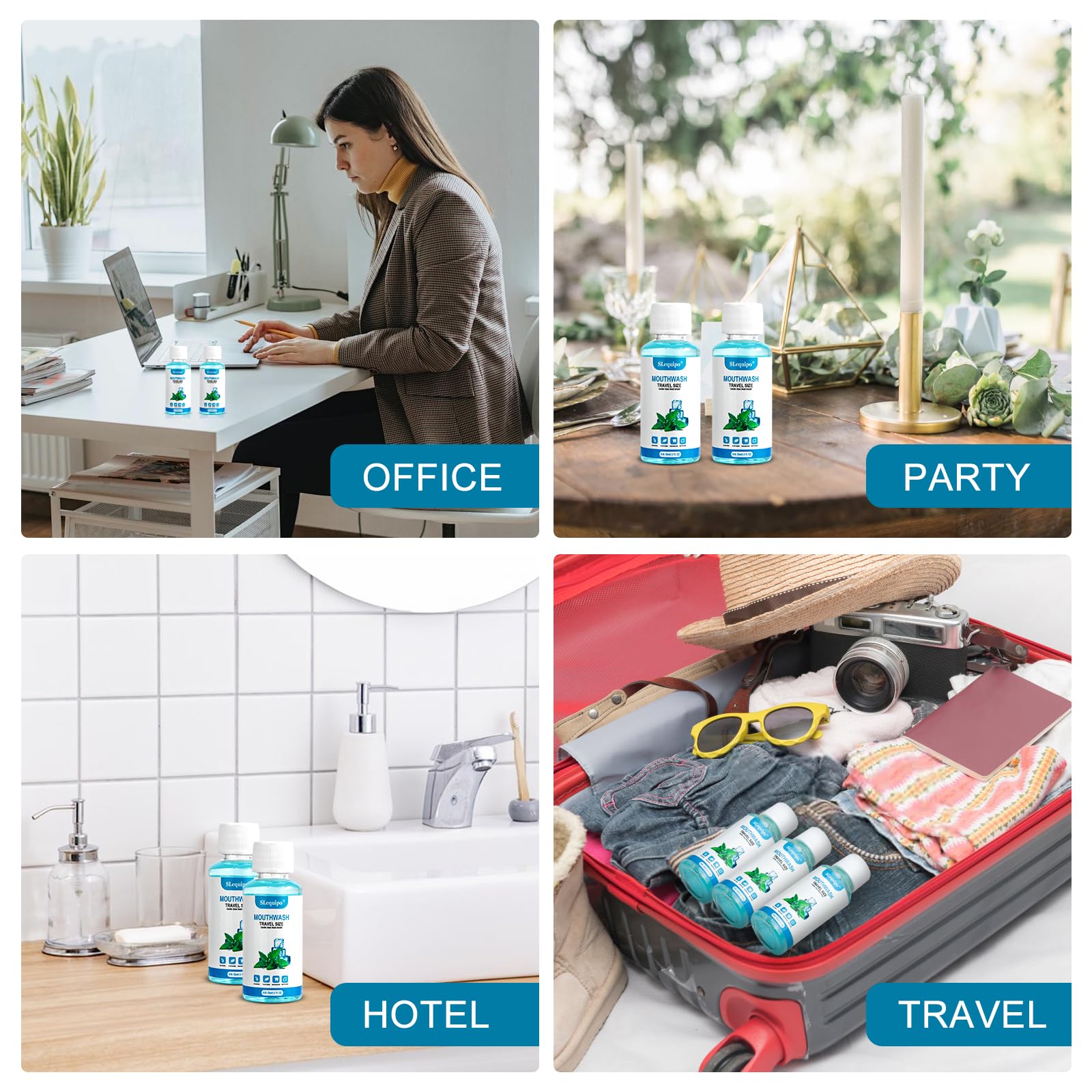 50-count mint mouthwash travel bottles laid out