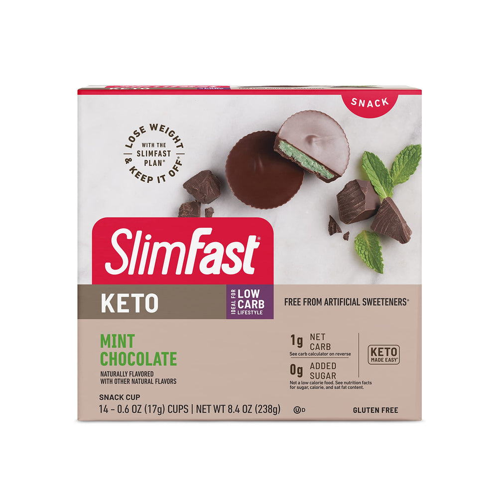 SlimFast Mint Chocolate Fat Bomb Snack Cup box showing keto-friendly indulgence on the go.