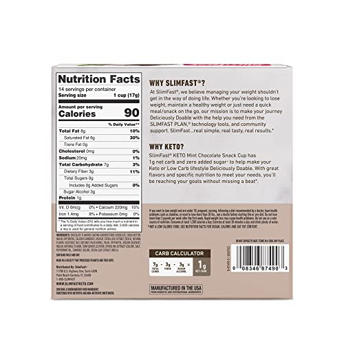 SlimFast Mint Chocolate Fat Bomb Snack Cup closeup highlights creamy mint filling and chocolate layers.