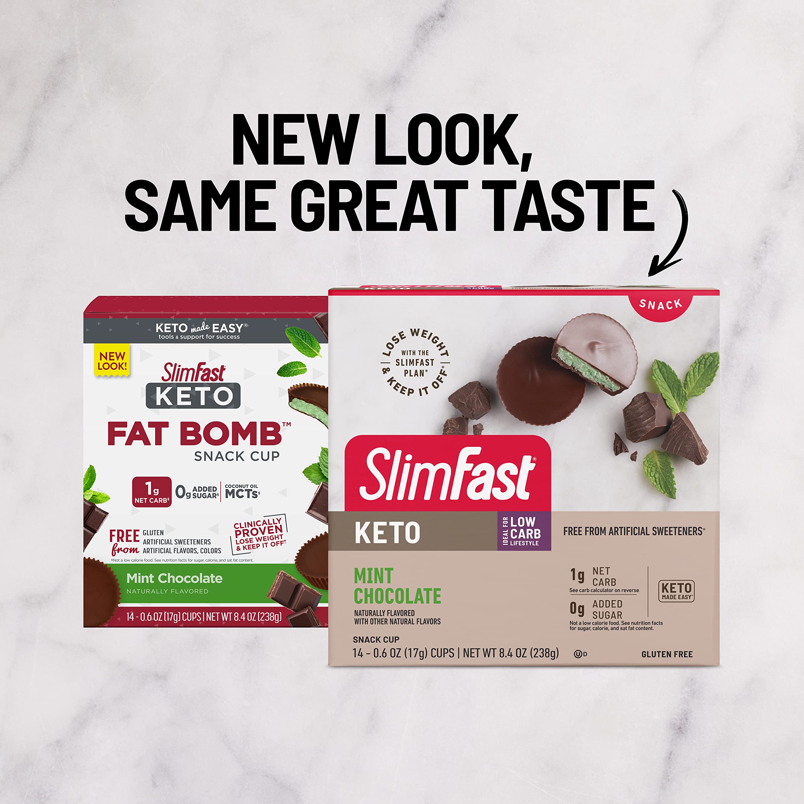 SlimFast Mint Chocolate Fat Bomb Snack Cup packaging detail emphasizes gluten free keto crafted.