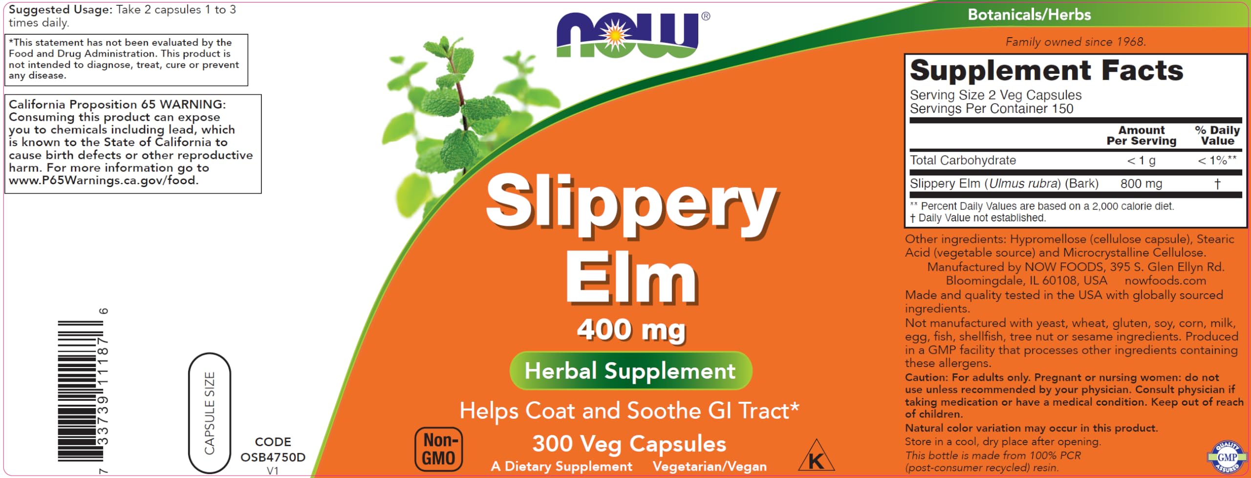 Close-up of Slippery Elm 400 mg capsules