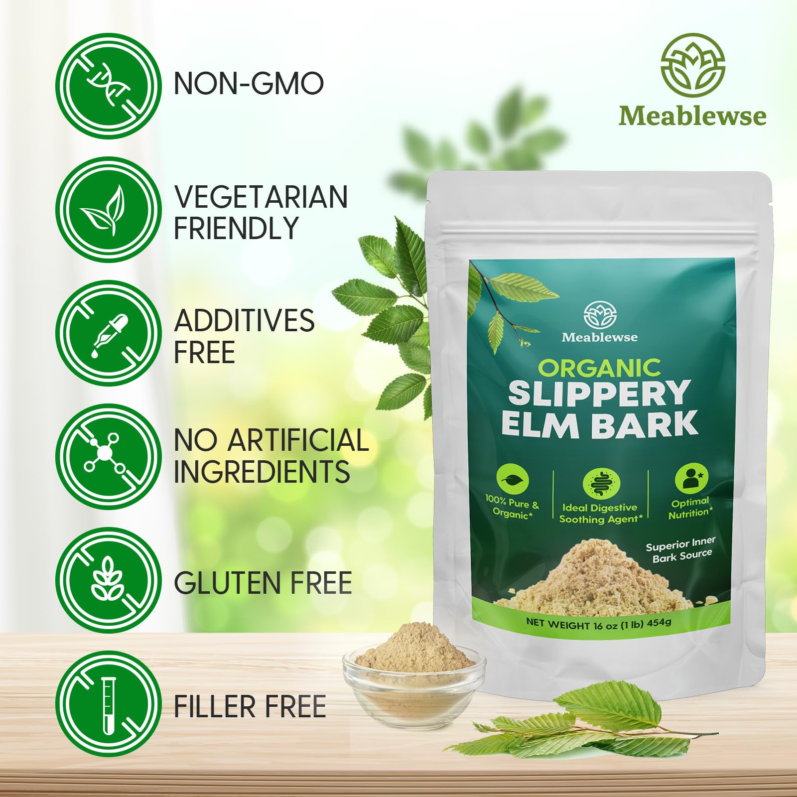 Quality testing and GMP seal on Slippery Elm Powder product
