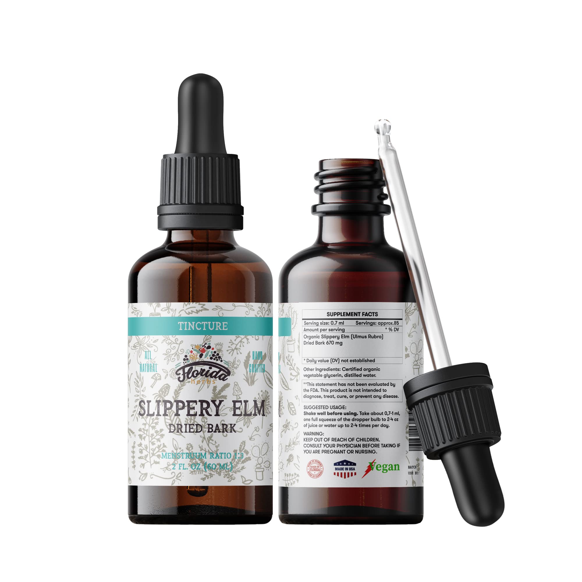 Amber glass bottle of Slippery Elm Tincture