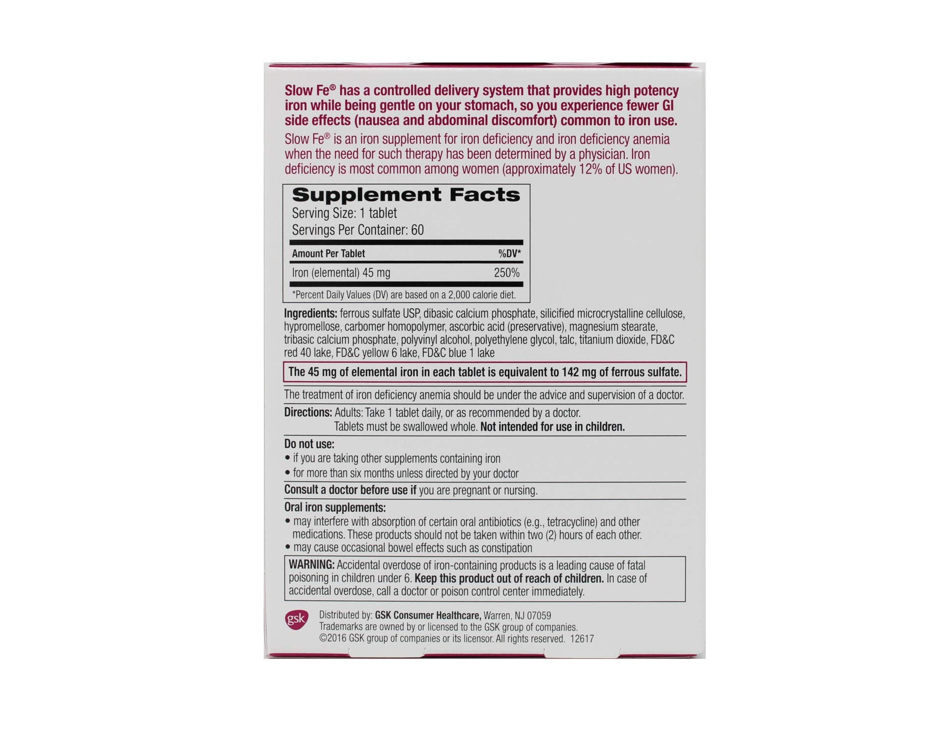 Close-up of a single 45 mg elemental iron slow-release tablet