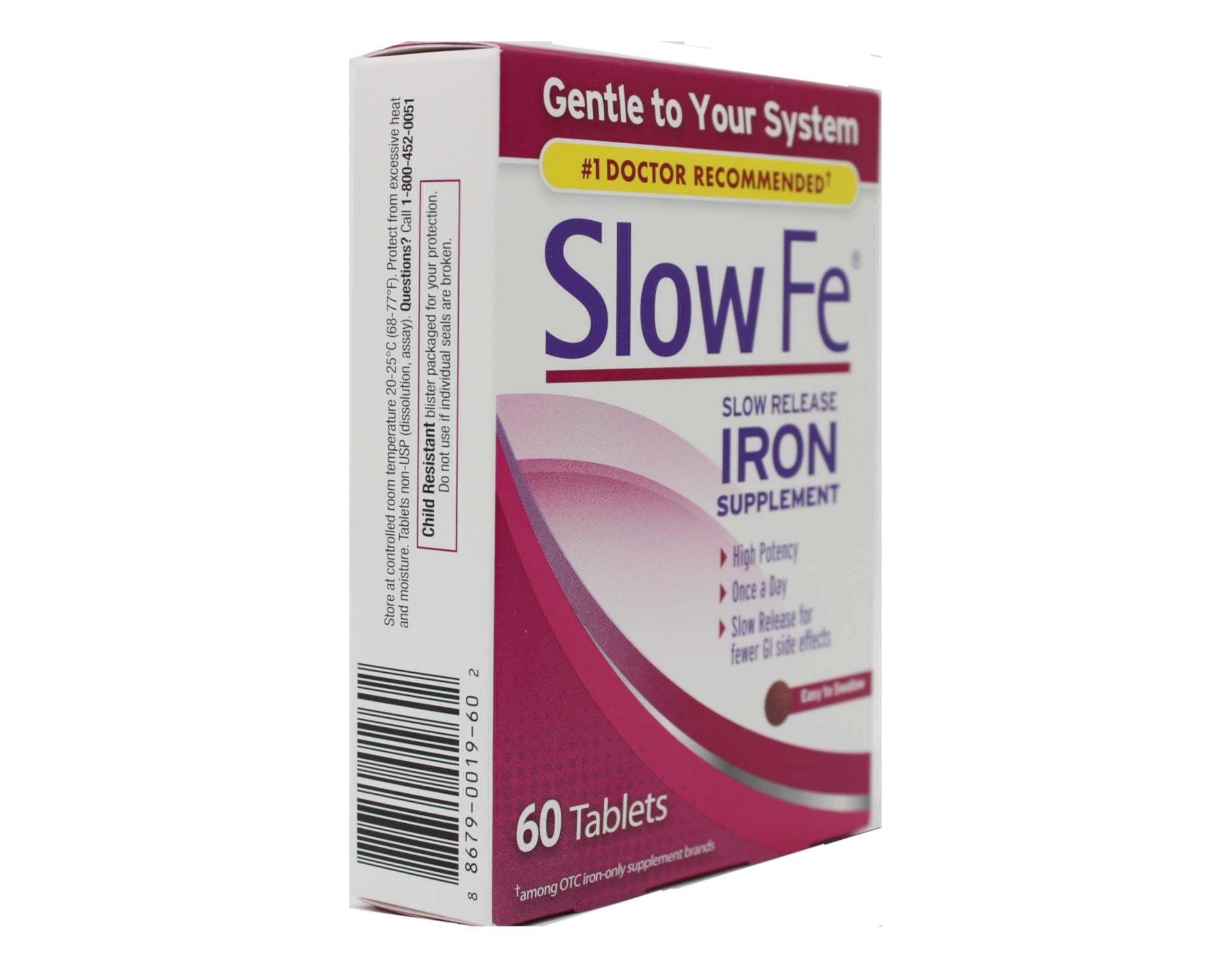 Packaging and bottle of Slow Fe iron supplement with 60 tablets