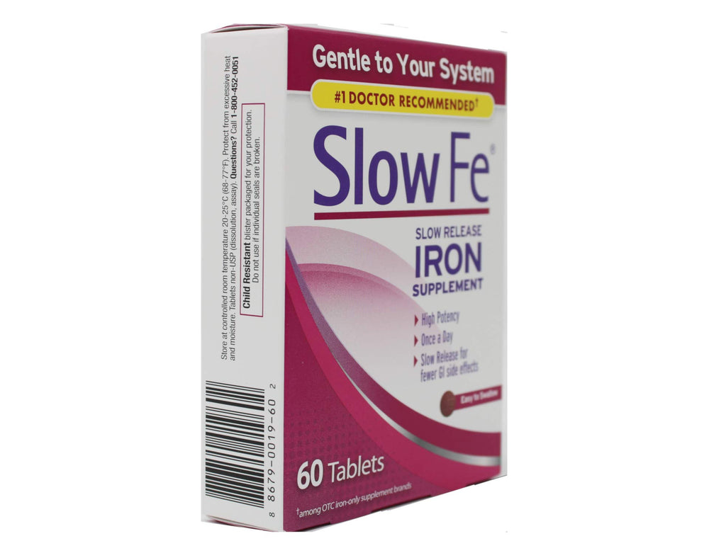 Packaging and bottle of Slow Fe iron supplement with 60 tablets