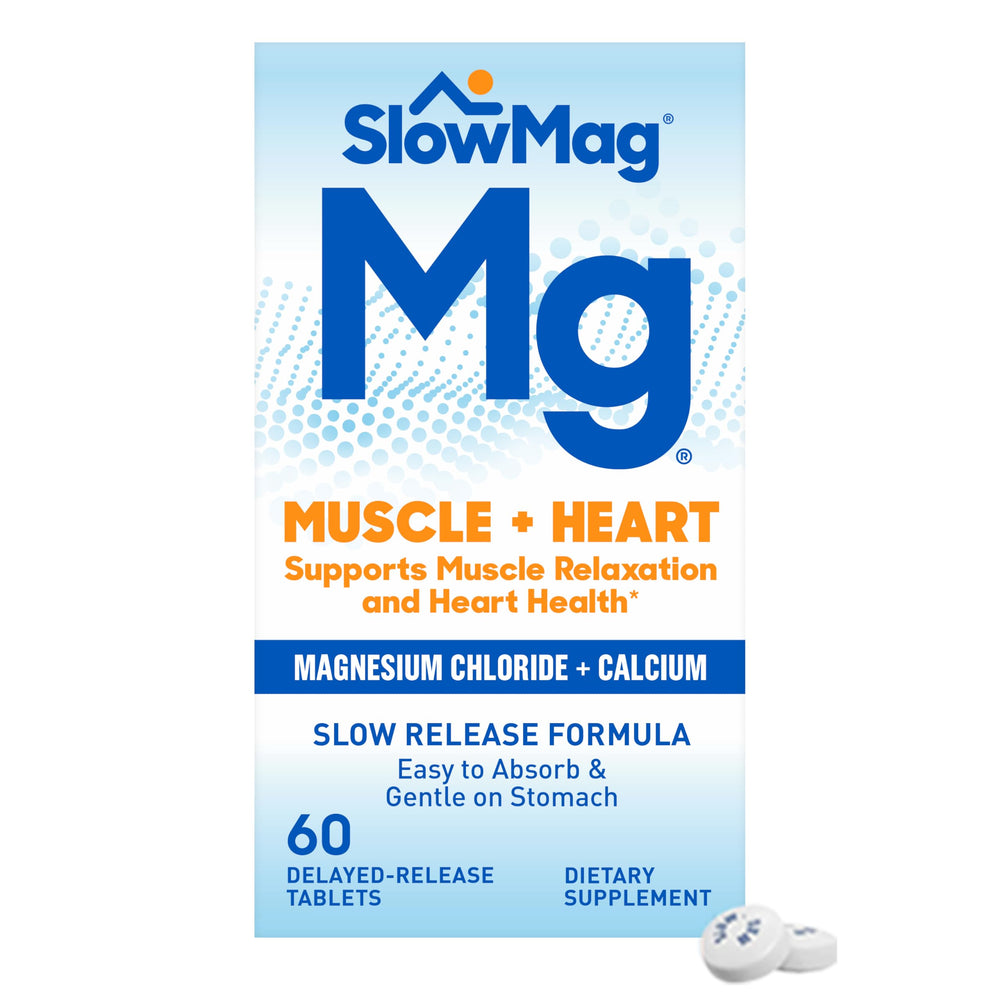 Bottle of SlowMag Muscle + Heart Magnesium Chloride with Calcium on label