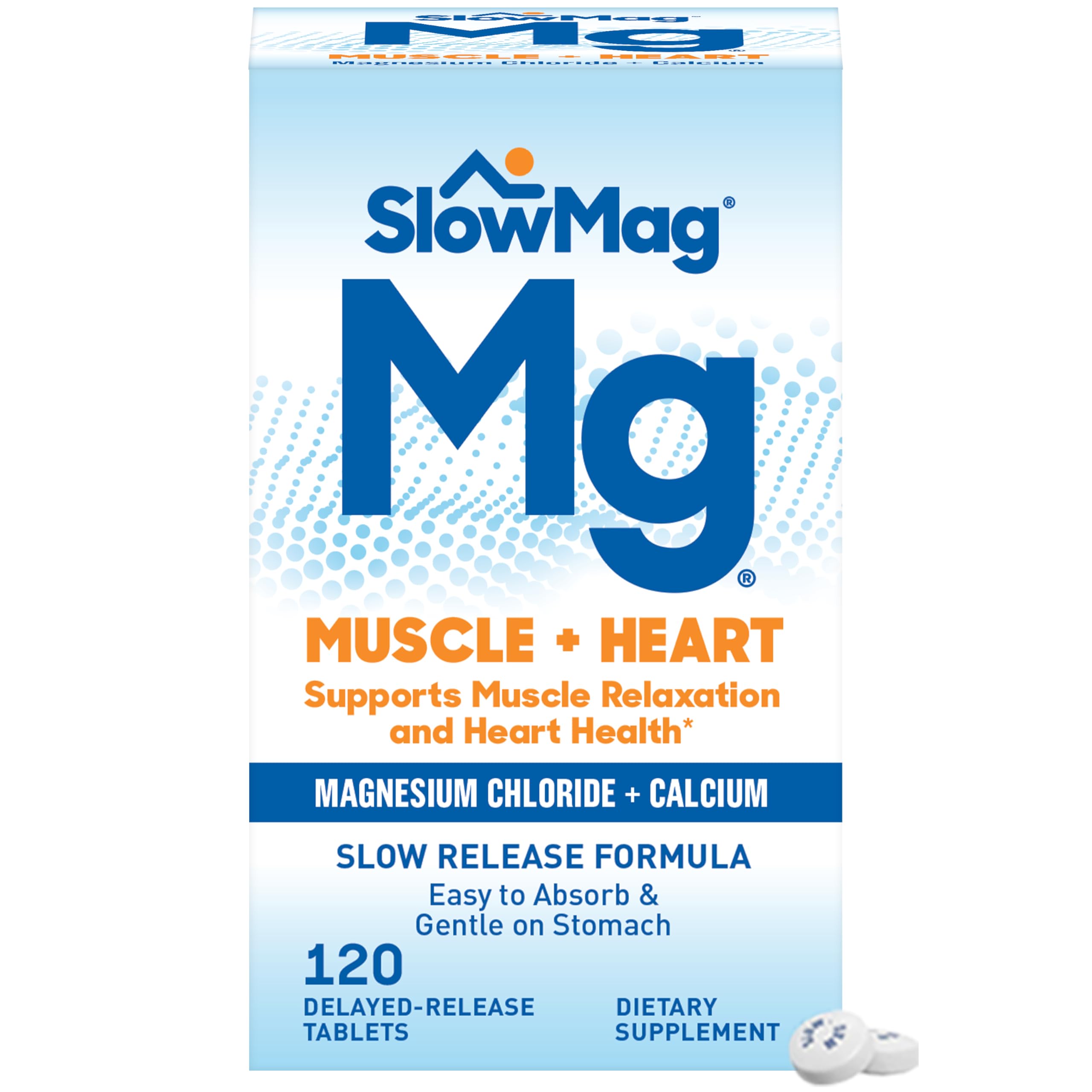SlowMag Muscle + Heart magnesium chloride with calcium 120-count bottle