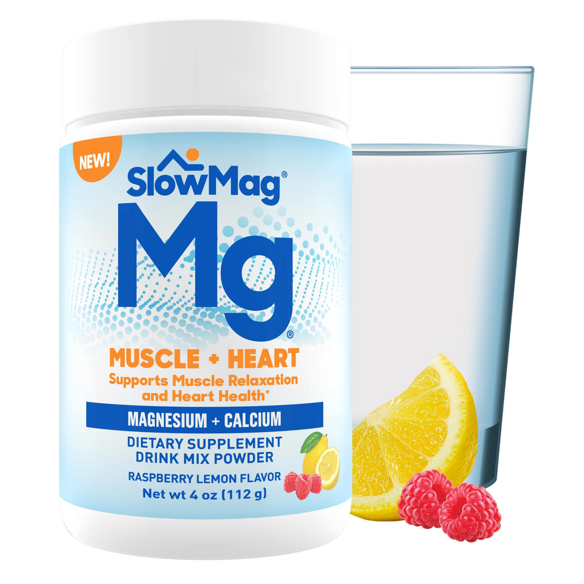 SlowMag Muscle + Heart powder package with Raspberry Lemon flavor